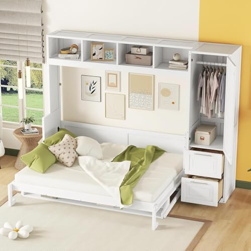 MERITLINE Queen Murphy Bed with Wardrobe Closet,2 Drawer,4 Storage Open Shelves,Wood Folding Murphy Wall Bed Cabinet (White) MERITLINE