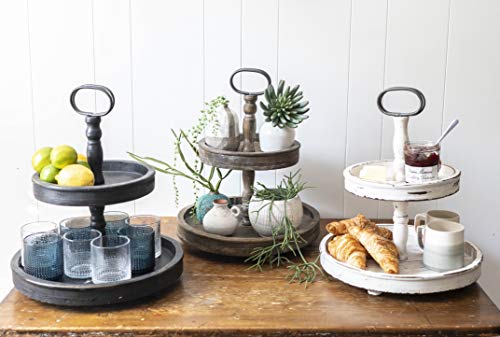 Creative Co-op EC0125 Distressed Wood 2-Tier Tray with Metal Handle, Cream Creative Co-Op