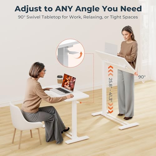 FitStand Medical Adjustable Overbed Bedside Table with Casters 90° Tilting Desktop Pneumatic Mobile Rolling Laptop Computer Standing Desk Cart with Tray, Hospital Table(31.5" W x 17.7" D, White) FitStand