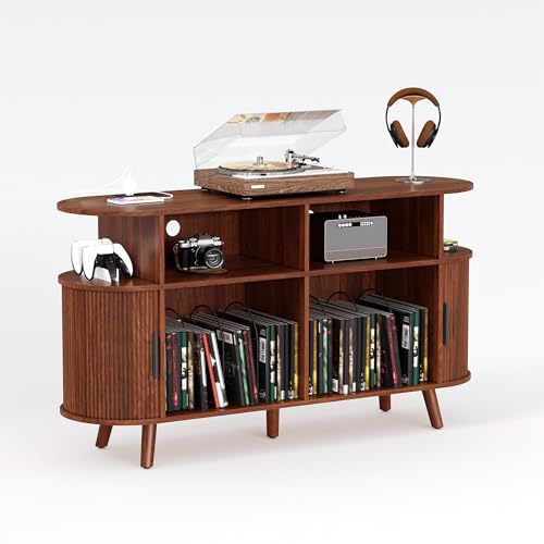 55'' Fluted Mid Century Modern Turntable Cabinet with Vinyl Storage, Large Round Record Player Stand with Charging Station and Display Shelf, Arched Wood Record Player Table for Living Room Garvee