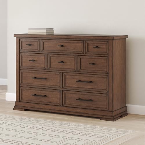 Signature Design by Ashley Taffenbrook Farmhouse 10-Drawer Bedroom Dresser with Felt-Lined Top Drawer for Jewelry and Delicates, Easy Glide Drawers, Picture Frame Moulding, Black Handles, Dark Brown Signature Design by Ashley