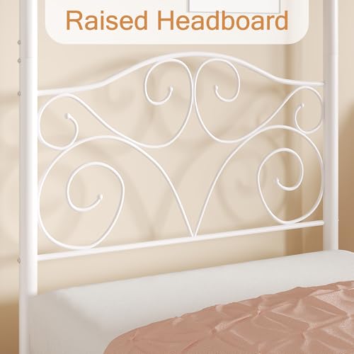 VECELO Metal Canopy Bed Frame Twin Size, 4 Posters Platform Mattress Foundation with Headboard, Heavy Duty Steel Slats Support, No Box Spring Needed, White