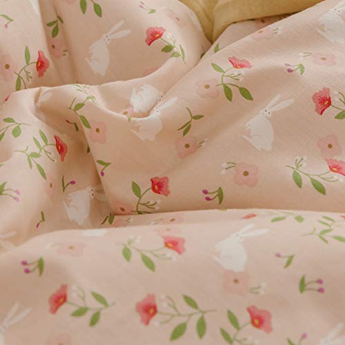 BlueBlue Rabbit Duvet Cover Set Queen 100% Cotton Bedding for Kids Boys Girls Teens Cartoon Bunny Red Flower Garden on Pink 1 Reversible Check Comforter Cover Full 2 Pillowcases BlueBlue