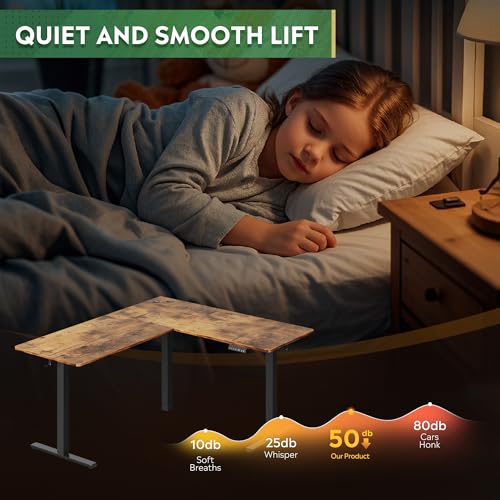 DEVAISE L Shaped Standing Desk Adjustable Height, Dual Motor Electric Corner Standing Desk, 63x55 inch Sit Stand up Home Office Desk with Splice Board, Rustic Brown DEVAISE