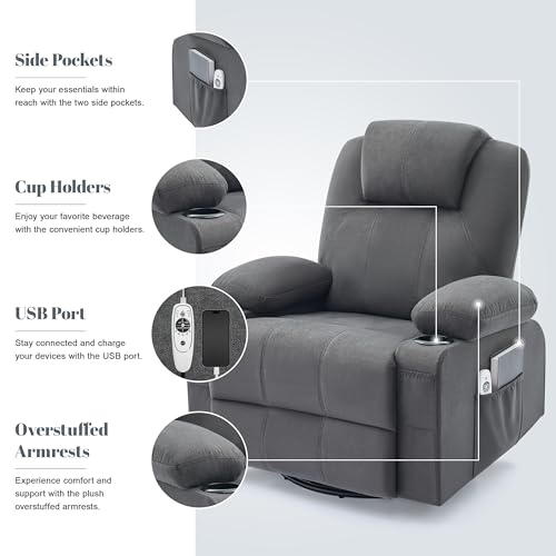 Weture Oversized Swivel Rocker Recliner Chair with Heat and Massage, Big Large Recliner Chair for Living Room, 360 Degree Swivel Rocking Single Sofa with Cup Holders and USB Port (Fabric, Darkgrey)