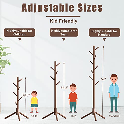 Haddockway Wooden Coat Rack Stand with 8 Hooks New Zealand Pine 3 Adjustable Coat Standing Tree Easy Assembly for Coats, Hats, Scarves and Handbags for Entryway, Hallway, Bedroom, Office Haddockway