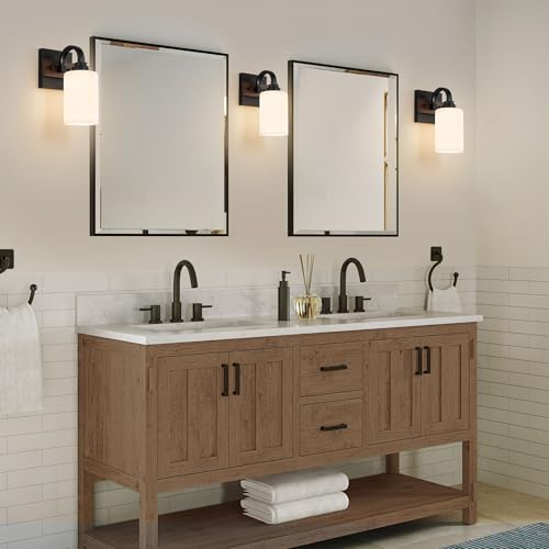 Mecgirn 1-Light Milk Glass Wall Sconces, Farmhouse Vanity Light Fixtures for Bathroom, Black and Wood Wall Lighting, Wall Sconce for Hallway, Entryway, Bedroom, Living Room Mecgirn