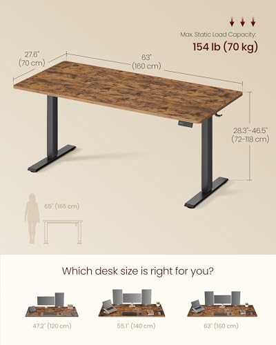 VASAGLE Electric Standing Desk, Height Adjustable Desk, Sedentary Reminder, 4 Memory Heights, for Home Office, 63 x 27.6 Inches, Rustic Brown ULSD316KD02S VASAGLE