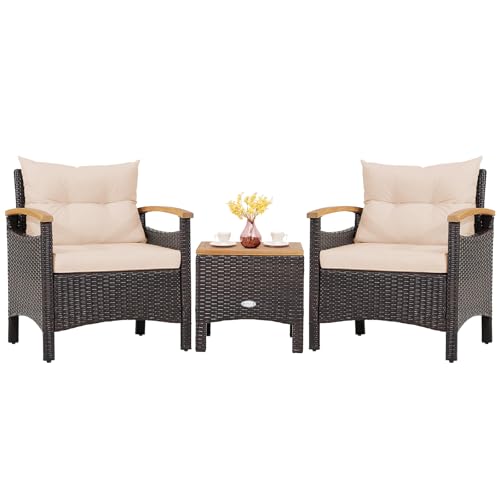 Tangkula 3-Piece Patio Furniture Set, Patiojoy Outdoor Rattan Sofa Set with Coffee Table, Patio Conversation Set with Removable Cushion, Cozy Acacia Wood Armrests for Backyard, Poolside (Beige) Tangkula