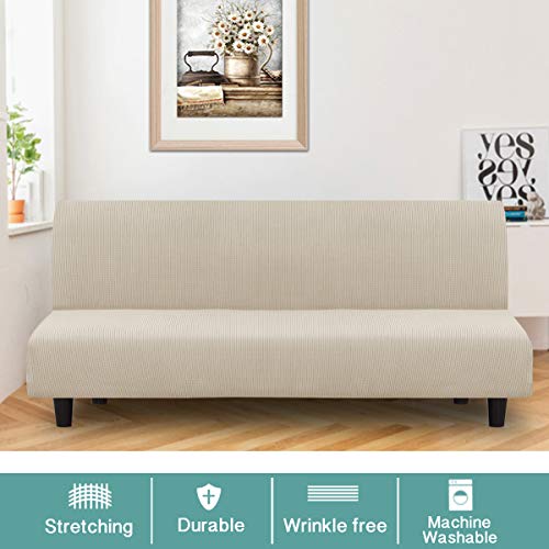 Turquoize Stretch Futon Cover Full Size Armless Sofa Bed Cover Futon Couch Cover Furniture Protector with Elastic Bottom Feature Thick Soft Checked Jacquard Fabric, Machine Washable, Biscotti Beige Turquoize