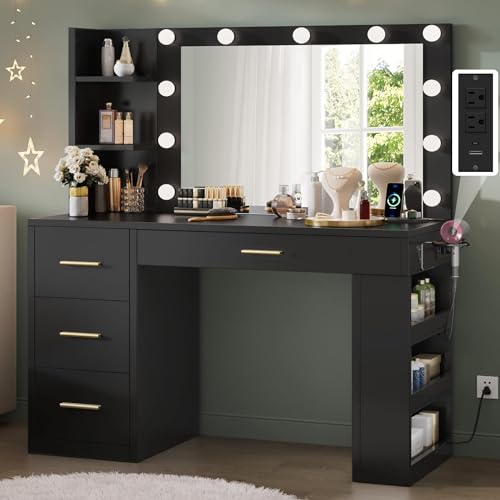 YITAHOME Vanity Desk with Mirror and Lights, Makeup Table with Charging Station, Large Vanity Set with 4 Drawers, Cute Makeup Desk with 6 Storage Shelves, Black YITAHOME