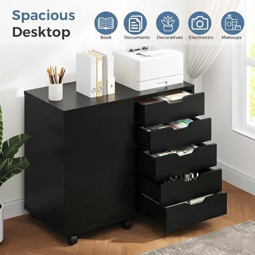 DUMOS 5 Drawer File Cabinet Office Drawers Organizer with Wheels Rolliing, Under Desk Cabinets with Shelves and Door Printer Stand with Wood Board Metal Frame for Home Office Storage Craft Room, Black DUMOS