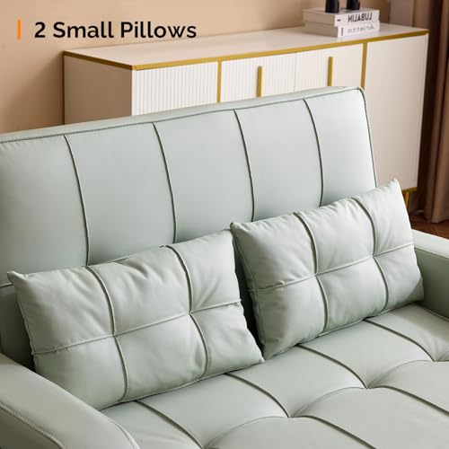VINGLI Light Green Futon Sofa Bed Convertible Loveseat Sleeper Couch, Faux Leather Pullout Sofa Fold Out Couch Bed with USB Ports, Cup Holders, Armrest for Living Room, Bedroom Apartment Room VINGLI