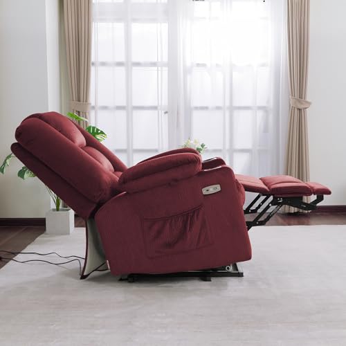 MCombo Large Power Lift Recliner Chair Sofa with Massage and Heat for Big and Tall Elderly People, 3 Positions, Cup Holders, and USB Ports, Fabric 7549 (Large, Burgundy)