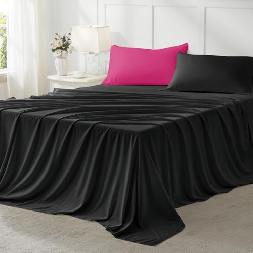 Anluoer King Comforter Set,Hot Pink&Black Bed in a Bag 7 Piece,Lightweight Bedding Set with Soft Down Alternative Fill,Bed Set Includes Comforter, Fitted Sheet, Flat Sheet,Pillowcases and Shams Anluoer