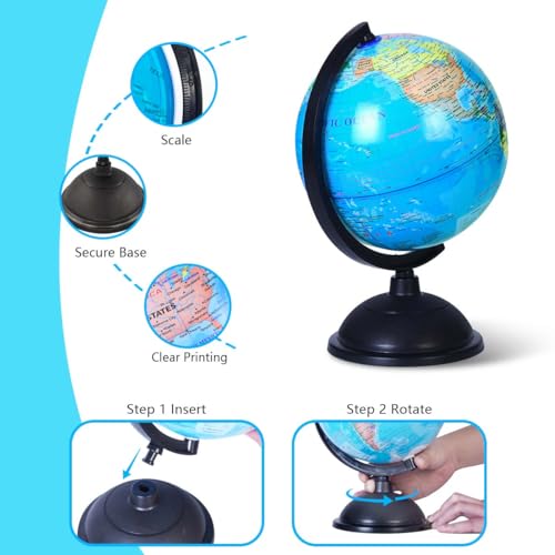 KISEER 8 Inch World Globe with Stand Rotating Earth Spinning Globe for Kids Geography Classroom Education or Decorations (Blue) KISEER