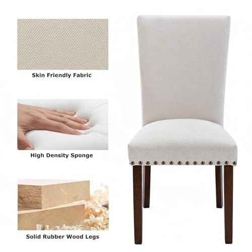 Set of 6 Beige Upholstered Dining Chairs – Farmhouse Kitchen Chairs with High Back, Solid Rubberwood Legs, Padded Foam Seat & Bronze Nailhead Trim, Comfortable Dining Room Chairs for Home COLAMY