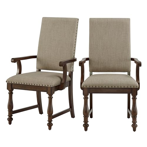 aphrophina Set of 2 Traditional Classic Armchairs, Beige Fabric Upholstered with Nailhead Trim, Wooden Frame, Dining Room Furniture aphrophina