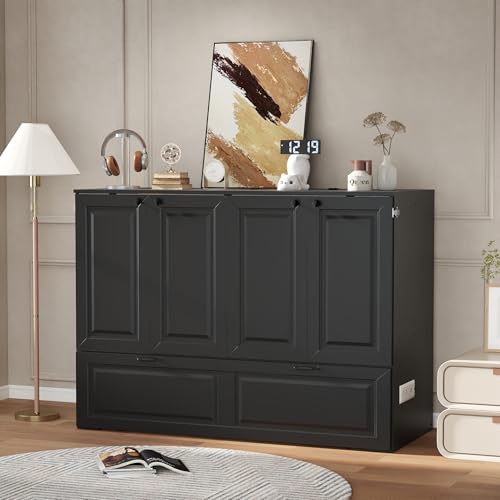 Swyanste Full Size Murphy Bed Cabinet: Black Horizontal Murphy Beds with Storage, Hidden Cabinet Bed Full for Small Spaces, 2 in 1 Murphy's Beds with Charging Station(Black) Swyanste