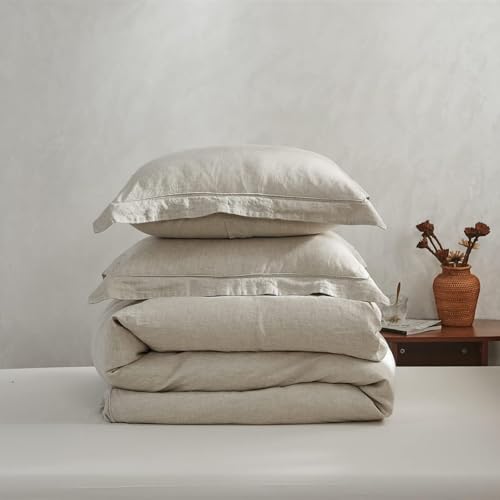 Simple&Opulence 100% Linen Duvet Cover Set with Embroidery Border Washed - 3 Pieces (1 Duvet Cover with 2 Pillow Shams) with Button Closure Soft Breathable Farmhouse - Linen, Full Size Simple&Opulence