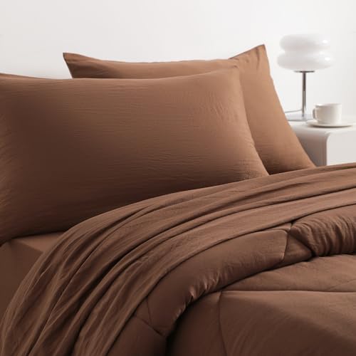 NTBAY Twin Comforter Set with Sheets, 5 Pieces Soft and Breathable Twin Bedding Set, Twin Bed in a Bag, Down Alternative Comforter Set Solid Color All Season, Kids Bedding Set, Brown NTBAY