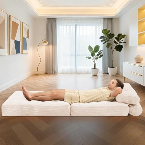 HABUTWAY Folding Sofa Bed, Convertible Sleeper Chair Bed w/Dual-Pillow & Handle, Foldable Floor Sofa Lounge w/Back Support for Living Room, Bedroom, Apartment, Office, Single, Beige HABUTWAY