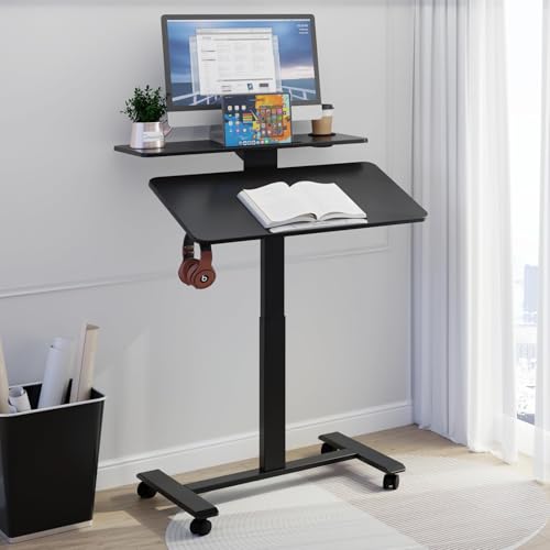 TecbL Pneumatic Standing Desk with Wheels - Adjustable Height 28" - 46" & 0-90° Tilt, 31.5" x 17.7" Skin-Feel Desktop, Rolling Computer Desk for Home Office, Hospital, School (Black) TecbL