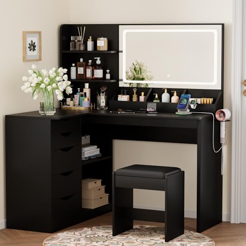 YESHOMY Vanity Desk with Lights and Mirror, L Shaped Makeup Table, Dresser with Hairdryer Holder and Power Outlet, Adjustable 3 Lighting Modes, 5 Drawers and Adjustabled Open Storage Shelves, Black YESHOMY
