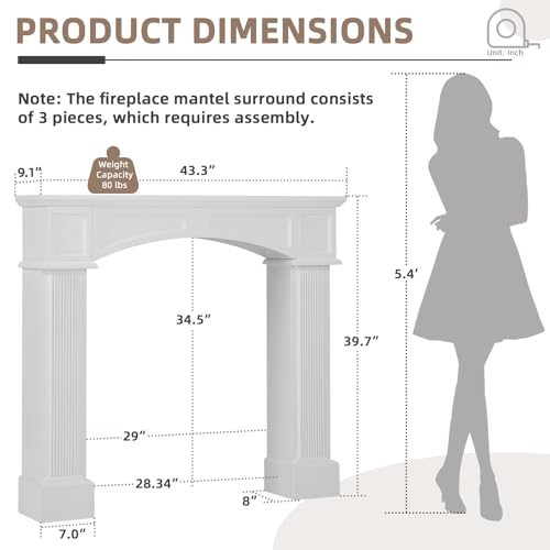 EPICOZY Modern Fireplace Mantel Surround, White Freestanding Surround Mantel for Electric Fireplaces, Waterproof & Anti-Tipping, Premium MDF Wooden Mantel with Leg for Living Room EPICOZY