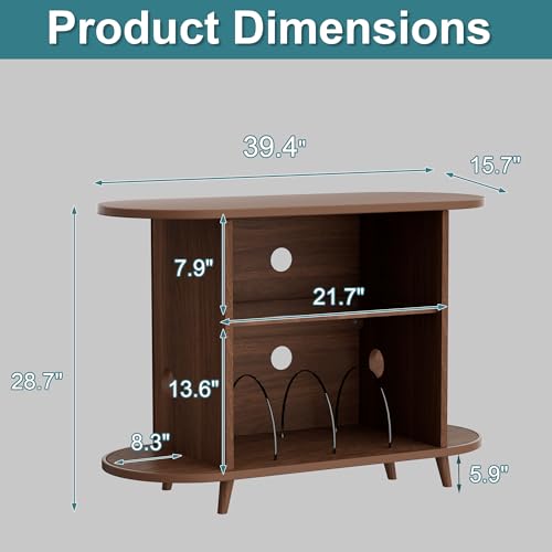 KSOBEBVT Record Player Stand with Vinyl Storage, Modern Media Cabinet with Charging Station & LED Lights, Sliding Door Turntable Stand, Audio-Visual Shelving Unit for Living Room (Walnut, 39") KSOBEBVT