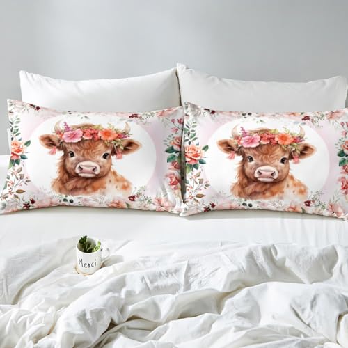 Feelyou Cute Highland Cow Sheet Set King Size Kids Cartoon Animal Sheets with Deep Pocket Fitted Sheet for Boys Girls Teens Flower Floral Print Bed Sheets Set Farm Zoo Garden Theme Bedding Set Feelyou