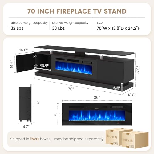 Nordivale 70" Fireplace TV Stand, Modern Entertainment Center for TVs Up to 80”, TV Console with Storage Cabinets, Media Console for Living Room, Black TV Stand and Black Fireplace Nordivale