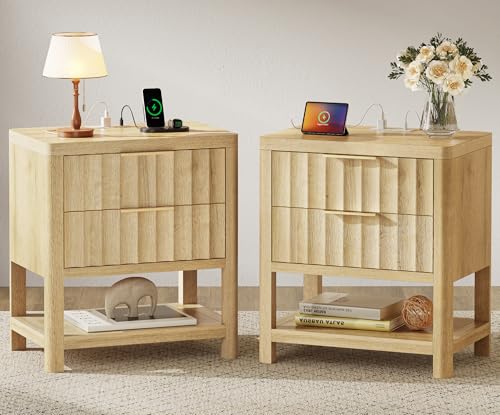 Huuger 27.6 Inch Tall Night Stands with Charger Station, USB-C Port, Fluted Nightstand Set of 2, Larger Wider Bed Side Table with 2 Deep Drawers, Open Shelf, Bedroom Living Room End Table, Natural Huuger