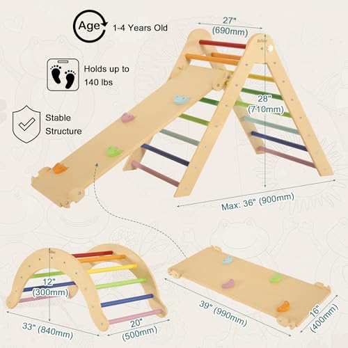Belleur 7 in 1 Wood Pikler Triangle Set, Foldable Toddler Climbing Toys Indoor, Montessori Climbing Set with Ramp, Arch & Climbing Triangle, Baby Climbing Gym, Indoor Playground for Kids 1-6 - Rainbow Belleur