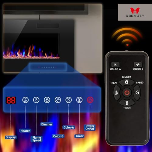 Xbeauty 50 inch Wall Mounted Recessed Electric Fireplace Insert, Ultra-Thin Lightweight LED Flush Mount Linear Fireplace Heater, Fit 2x4&2x6 Stud w/Touch Screen,Remote Control,750W-1500W,Black Xbeauty