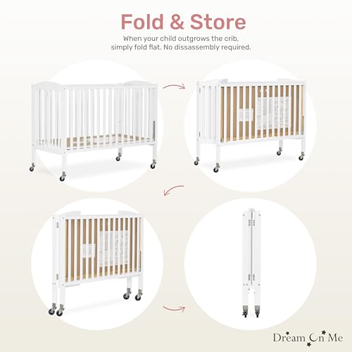 Dream On Me Folding Full-Size Convenience Baby Crib in White, GreenGuard Gold & BSA, Portable, Patented Quick Folding System, Strong Wheels, 2 Adjustable Mattress Heights