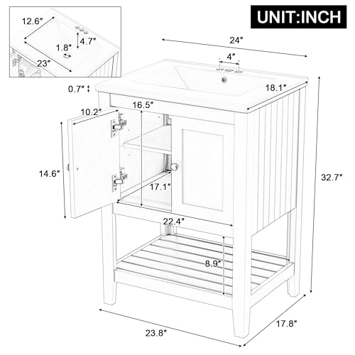 24 Inch Bathroom Vanity with Sink Set Combo, Cabinet with Doors and Open Shelf, Solid Wood Frame with Painted Finish, Modern Style Merax