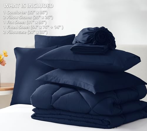 CozyLux Full Size Comforter Sets Navy Blue - 7 Pieces Bed in a Bag Full, Luxury Soft Bed Set for All Seasons, Bedding Set with Down Alternative Comforter, Sheets, Pillowcases & Shams CozyLux