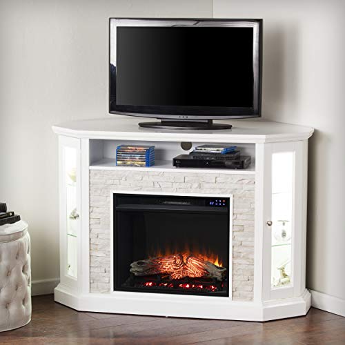 SEI Furniture Redden Faux Stone Corner Convertible Electric Fireplace with Media Storage, New Fresh White SEI Furniture