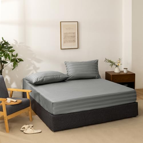 NookZuzu 3 Piece Cotton Stripe Fitted Sheet and Pillowcase Set,Including 1 Full Gray Fitted Sheet & 2 Pillowcase Set,Organic Cotton Deep Pocket Fitted Sheet,NO Flat Sheet Included,Soft and Cooling NookZuzu