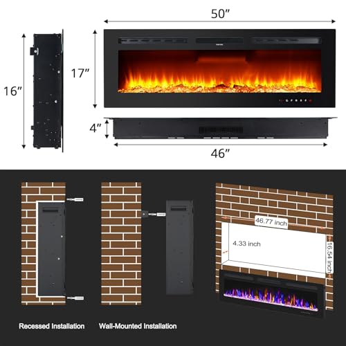 Takywep 50" Electric Fireplace Wall Mounted and Recessed with Remote Control, 750/1500W Ultra-Thin Wall Fireplace Heater W/Timer Adjustable Flame Color and Brightness, Log Set & Crystal Options Takywep