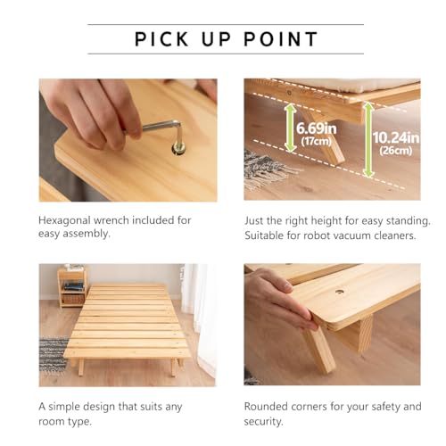 EMOOR Foldable Wood Slatted Floor Bed Frame OSMOS Twin Solid Pine (Earth-Natural), Easy Assembly Space Saving Storable Floor Life Tatami EMOOR