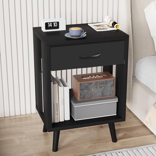 GYIIYUO Nightstands Set of 2 with Fabric Storage Drawer and Open Wood Shelf, Side Table with Storage for Bedroom, Night Stand with Drawer for Bedroom, Bedside Tables - Black 24" H GYIIYUO