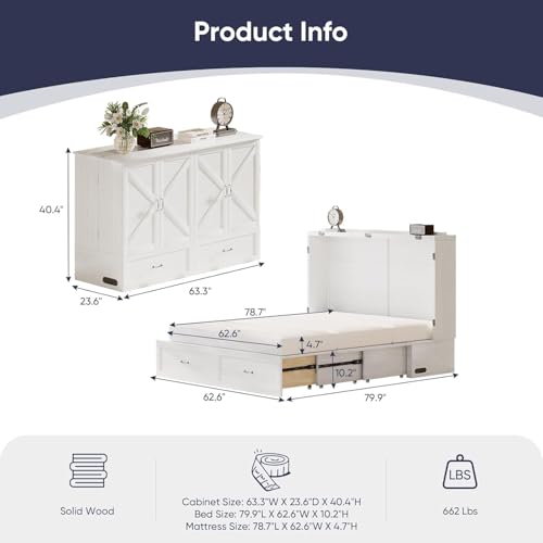 ijuicy Queen Size Murphy Bed with Mattress Included, Farmhouse Murphy Cabinet Bed with Multifunctional Charging Station & Storage Drawers,Space-Saving Hideaway Bed for Guests-Pure White,with Mattress