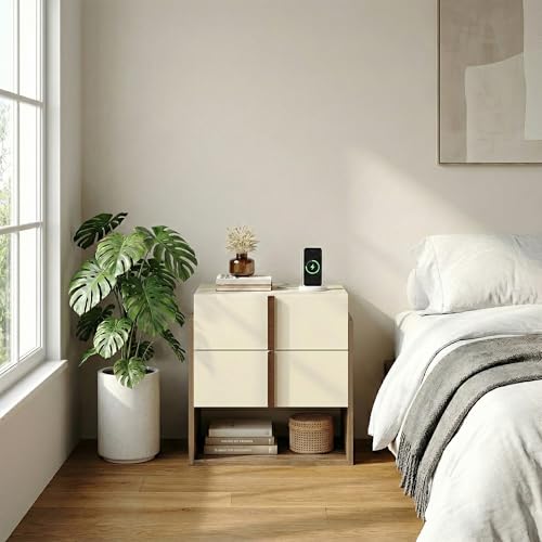 Mid-Century Modern Nightstands Set of 2 with Charging Station, MCM Walnut Bedside Tables with Drawer & Storage Shelf, Wood End Tables for Bedroom & Living Room FurniXpress