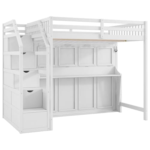 VilroCaz Full XL Size Loft Bed with Full Size Murphy Bed and Desk, Multi-Functional Solid Wood Loft Bed Frame with Storage Staircase and Light Strip, Maximize Space VilroCaz