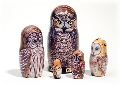 North American Owls 5 Piece Russian Wood Nesting Doll Matryoshka Stacking Dolls Golden Cockerel
