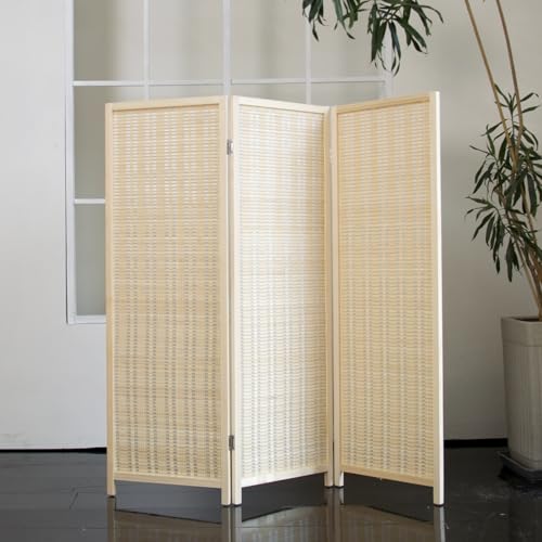 Loomveil 3 Panel Short Room Divider Folding Screen,47 inch Bamboo Panel Divider for Home Partition,Beige Loomveil
