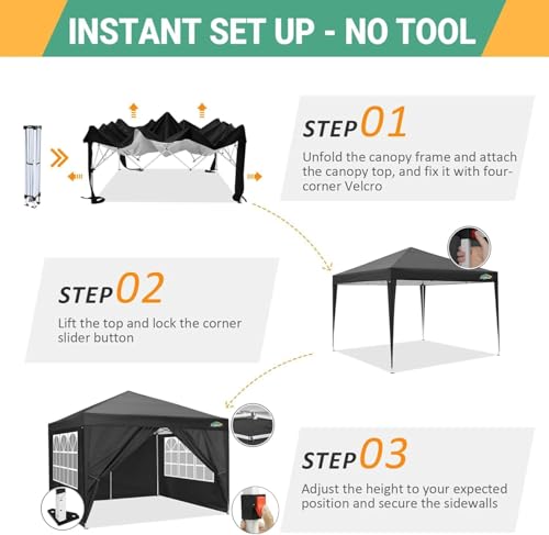 COBIZI 10x10 Pop Up Canopy Tent with 4 Sidewalls Party Tents Waterproof UPF 50+ Commercial Instant Outdoor Events Tent for Parties Markets Backyard, Ropes(10 x 10 ft Black COBIZI