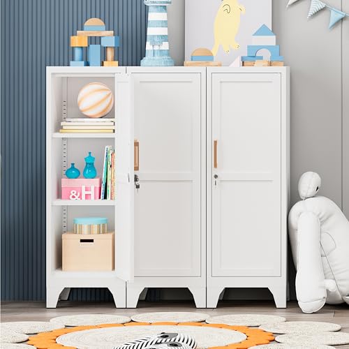 Kooyon Metal Locker Storage Cabinet with Lock,Metal Cabinet Home Office Storage Cabinets with Doors and Shelves for Employees,School,Garage, Office, Gym, Home-Assembly Required(White) Kooyon